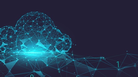 Rendering einer leuchtende Wolke aus Linien und Punkte bestehend auf dunklem Hintergrund, an einzelnen Verknüpfungspunkten die Zahlen 1 und 0